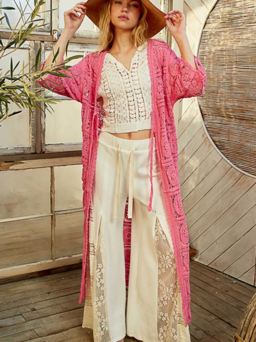 B41 POL Crochet Duster Cardigan in pink NEW
